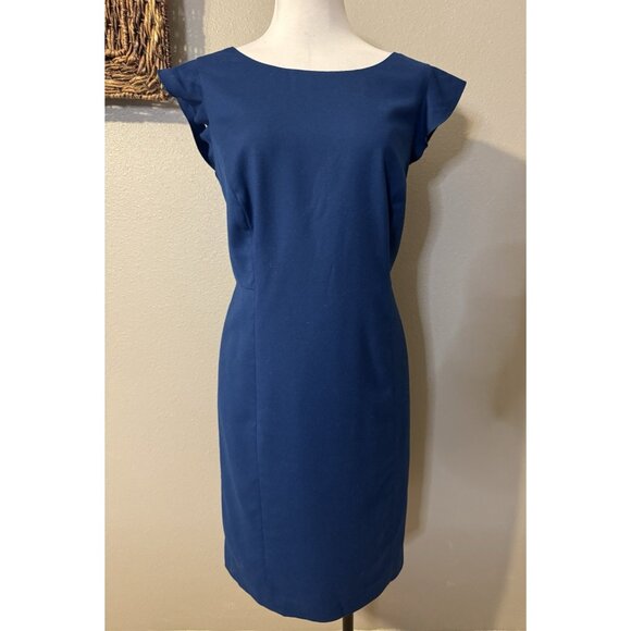 Talbots Sheath Dress 14P Blue Italian Flannel Short Ruffle Sleeve Career Church - Picture 6 of 13